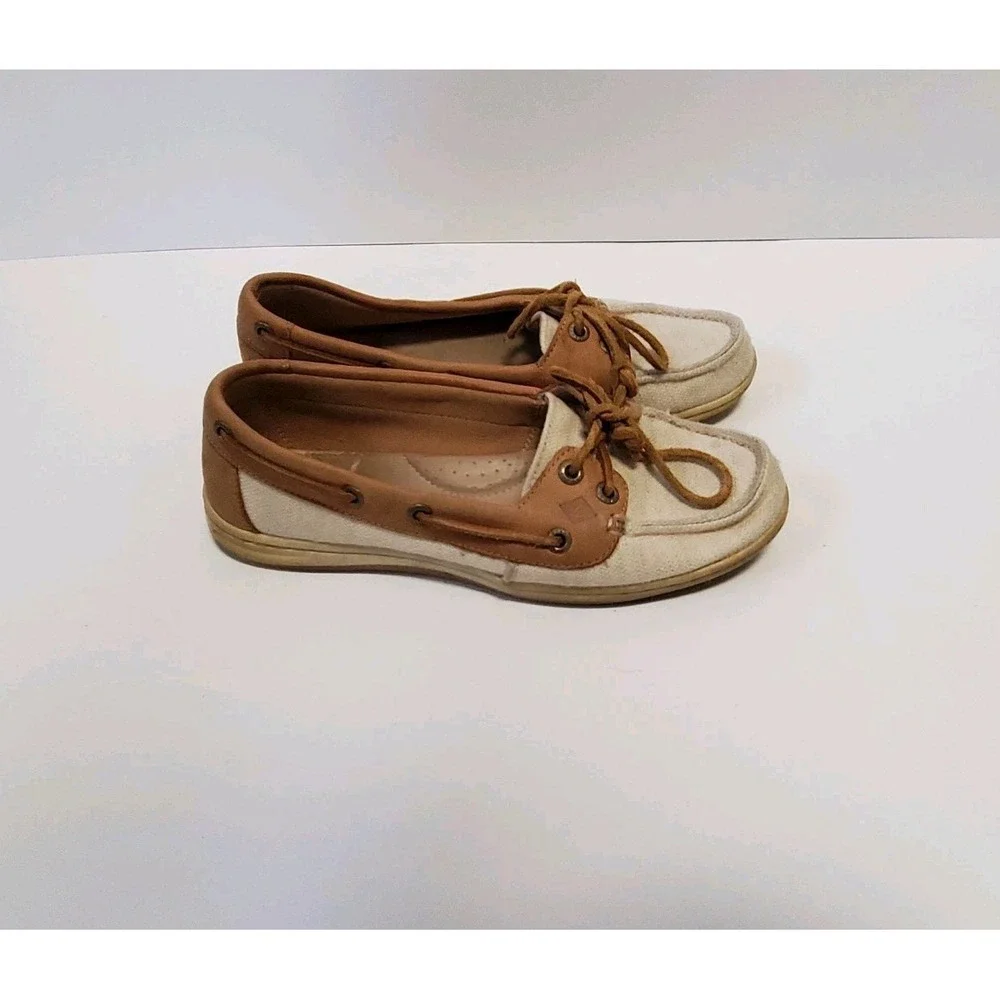 Womens Sperry Canvas and Leather Topsider Boat Shoes Size 7M Brown/Beige - Picture 1 of 12